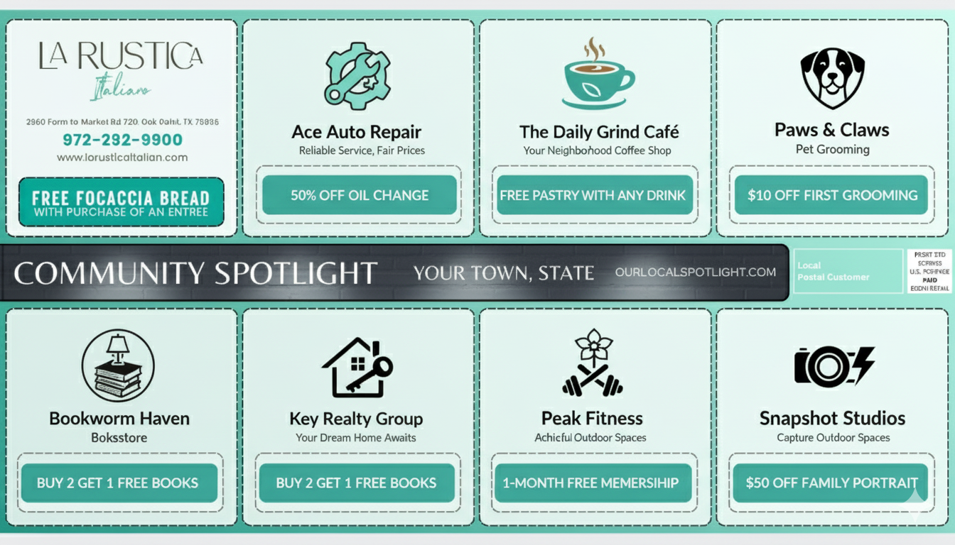 A real community card layout showing "Community Spotlight" with local business coupon-style slots from businesses like La Rustica Italian, Ace Auto Repair, The Daily Grind Cafe, and more
