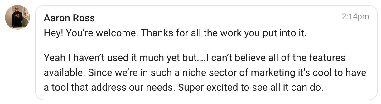 Screenshot of Aaron Ross's review — impressed by the features available and excited about a tool built for the 9x12 niche