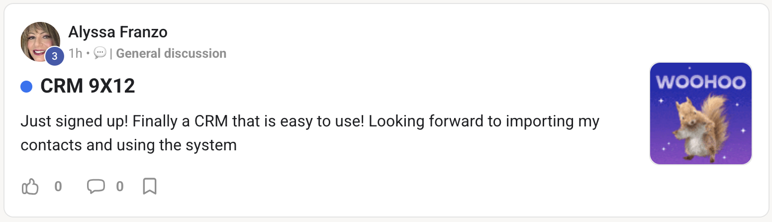 Screenshot of Alyssa Franzo's review — excited about finally having a CRM that is easy to use