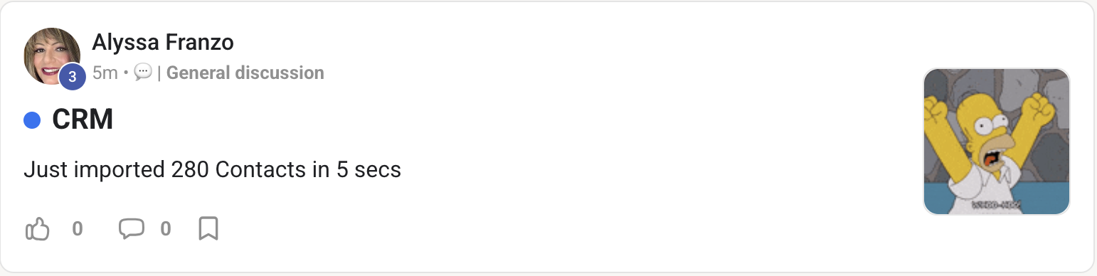 Screenshot of Alyssa Franzo's follow-up review — imported 280 contacts in 5 seconds