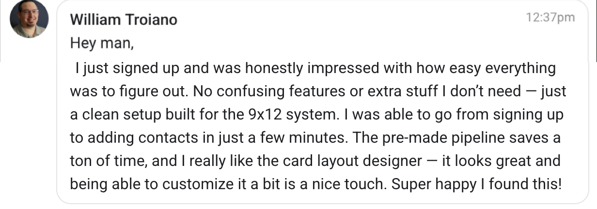 Screenshot of William Troiano's review of the 9x12 Method CRM — praising the clean setup, pre-made pipeline, and card layout designer