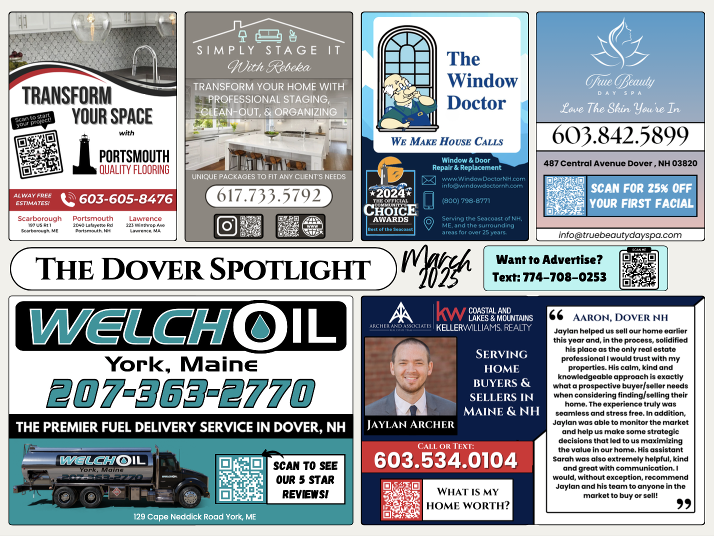 A "Dover Spotlight" 9x12 postcard featuring local businesses like home renovation, gutter services, and real estate