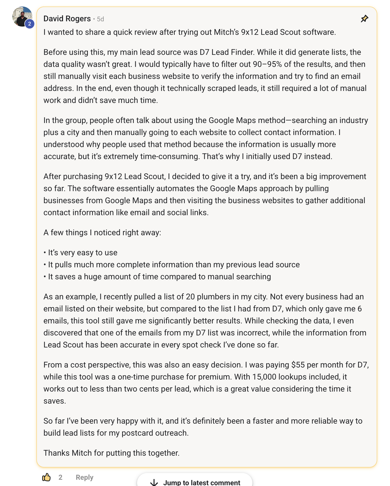 David Rogers' detailed review comparing Lead Scout to D7 Lead Finder — less than 2 cents per lead, one-time purchase vs $55/month recurring