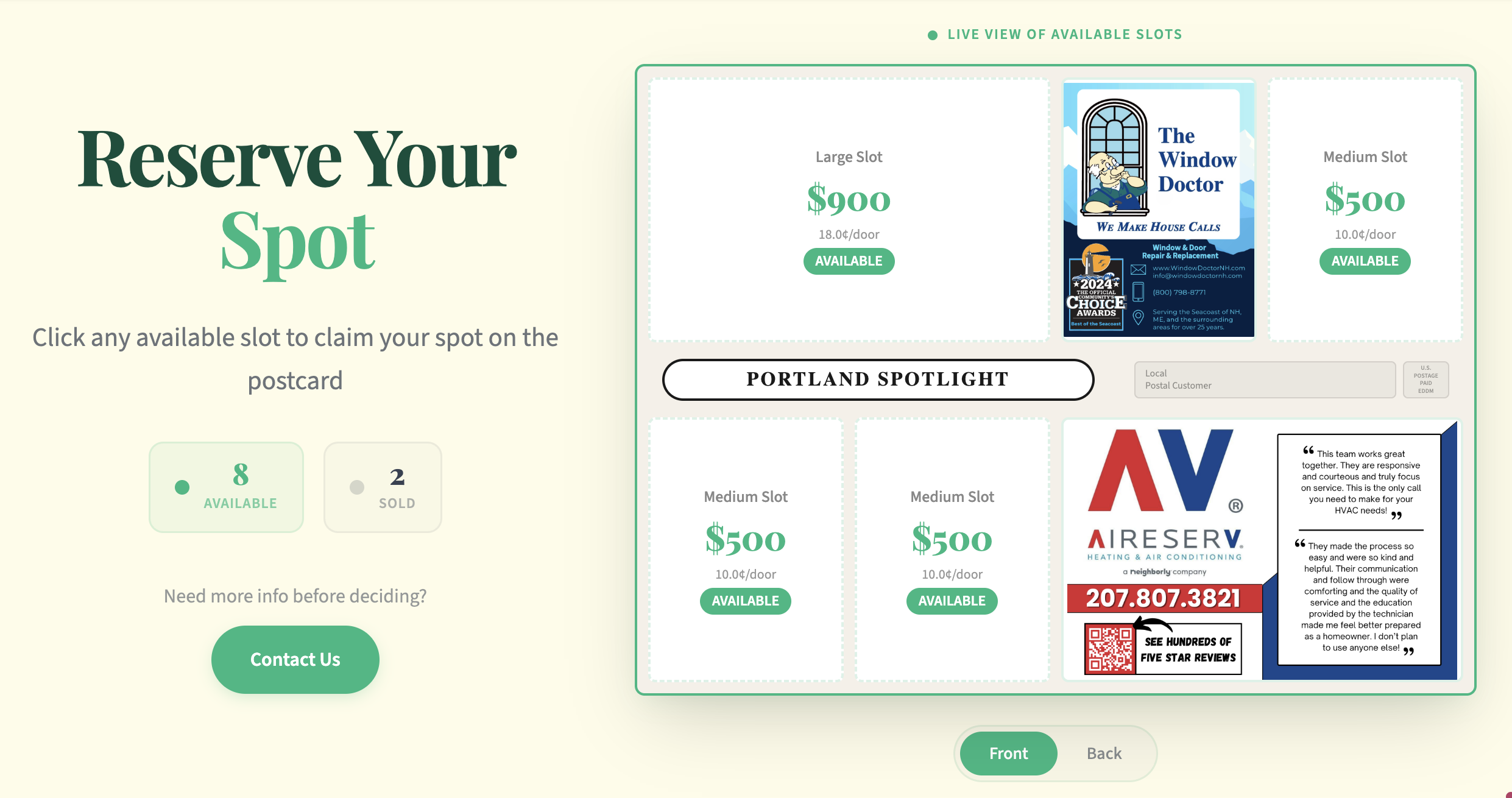 The "Reserve Your Spot" live card preview section showing available slots with pricing ($500–$900), a card labeled "Portland Spotlight" with available and sold indicators, and a front/back toggle