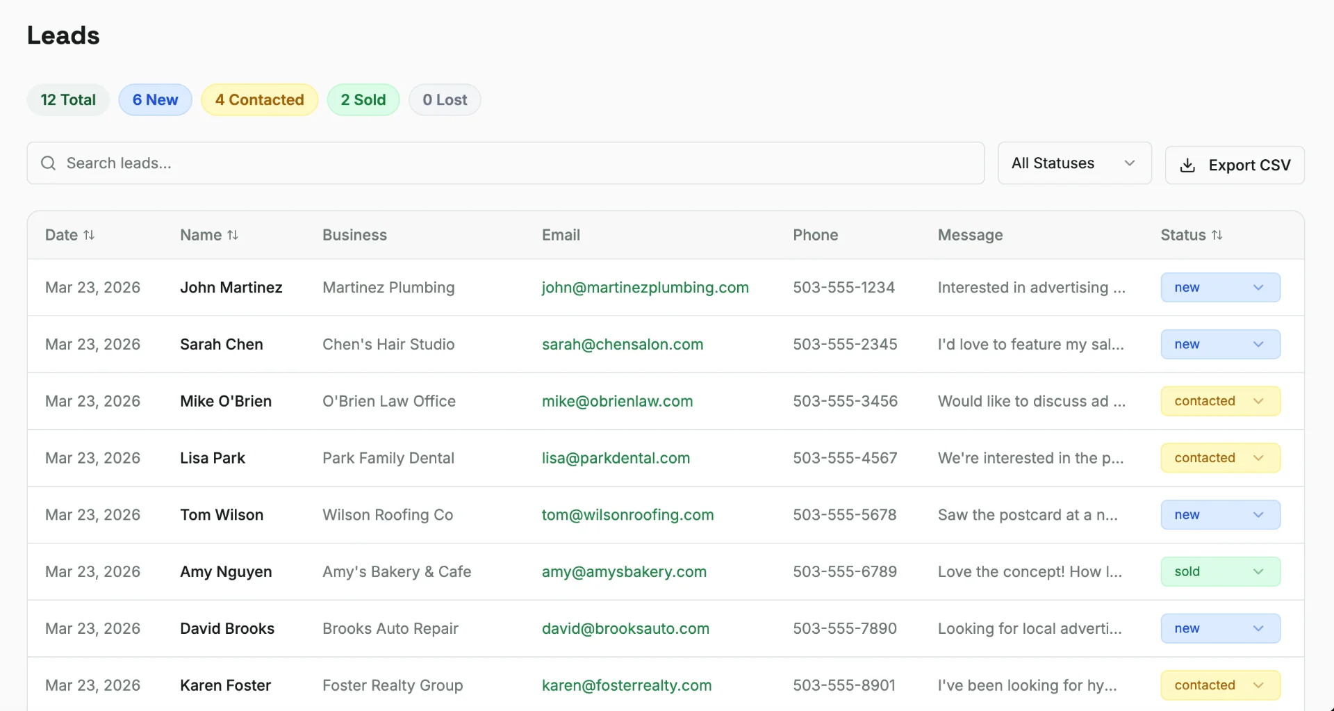 The leads management table showing captured leads with name, business, email, phone, message, and status columns including new, contacted, sold, and lost
