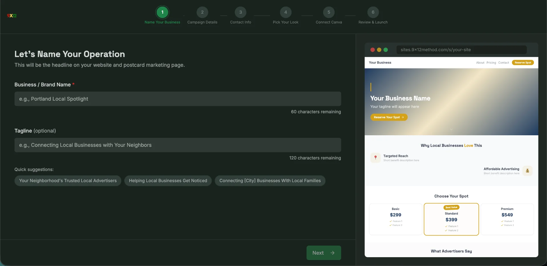 The 6-step setup wizard showing Step 1 "Name Your Business" with a live preview of the site on the right — wizard steps include Name Your Business, Campaign Details, Contact Info, Pick Your Look, Connect Canva, and Review & Launch