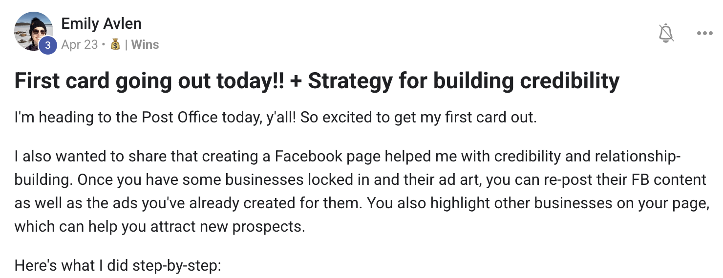 Emily Avlen's strategy post — heading to the post office to mail her first card, plus her Facebook credibility-building strategy step by step