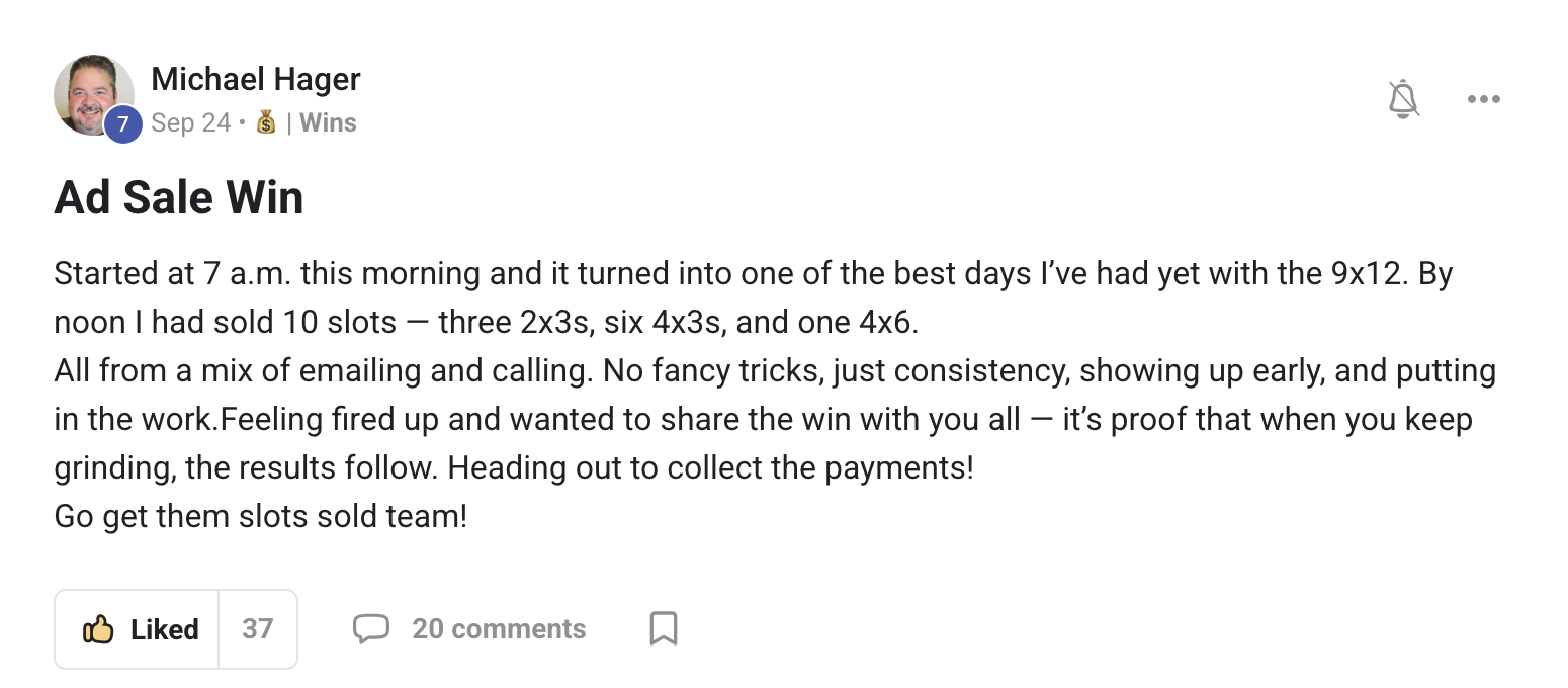 Michael Hager's win post — started at 7am, sold 10 slots by noon using email and calling, 37 likes and 20 comments