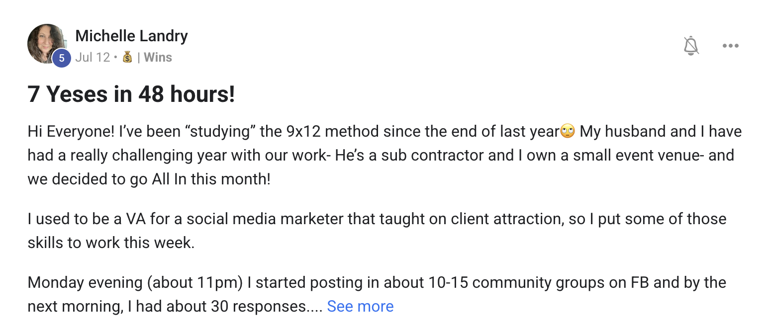 Michelle Landry's community win — 7 yeses in 48 hours after posting in 10-15 community groups on Facebook
