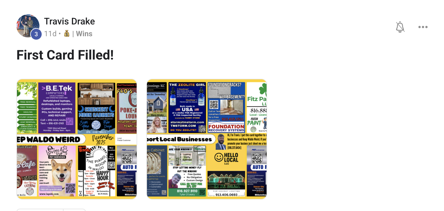 Travis Drake's win post showing his first card filled — front and back of a fully completed 9x12 postcard with 16 local business ads