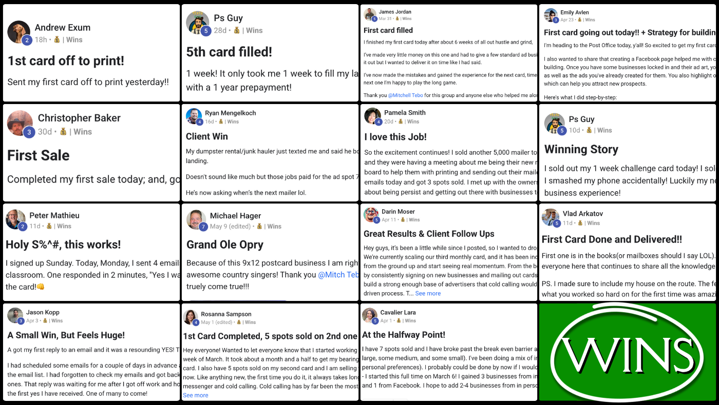 A collage of dozens of community wins — real screenshots from real operators hitting milestones