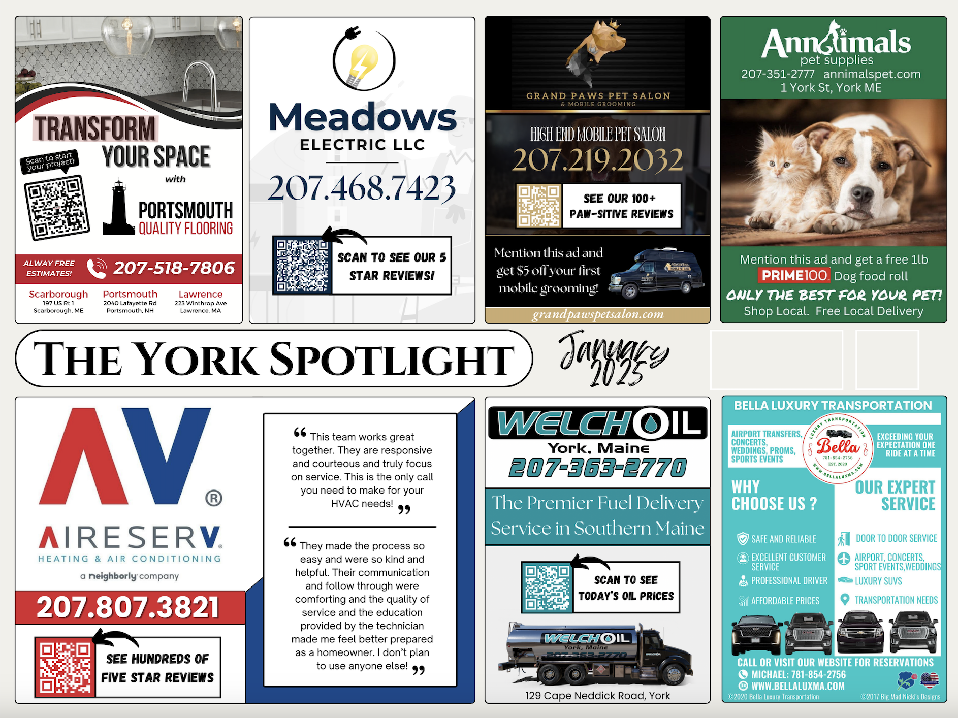 A real 9x12 postcard — "The York Spotlight" — with 16 local business ad slots on a single card