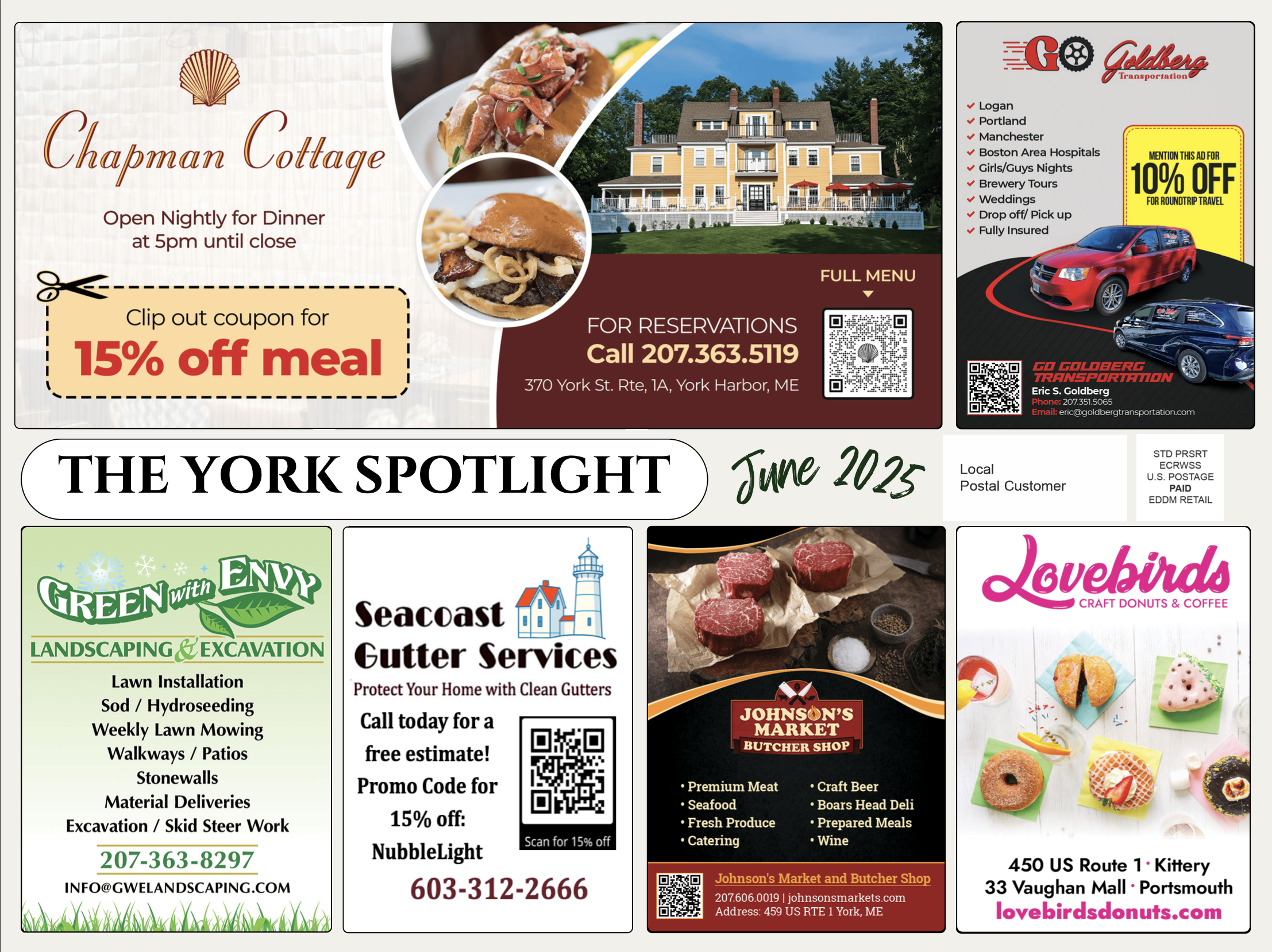 A real 9x12 postcard — "The York Spotlight" — showing the larger format with local business ad slots for comparison